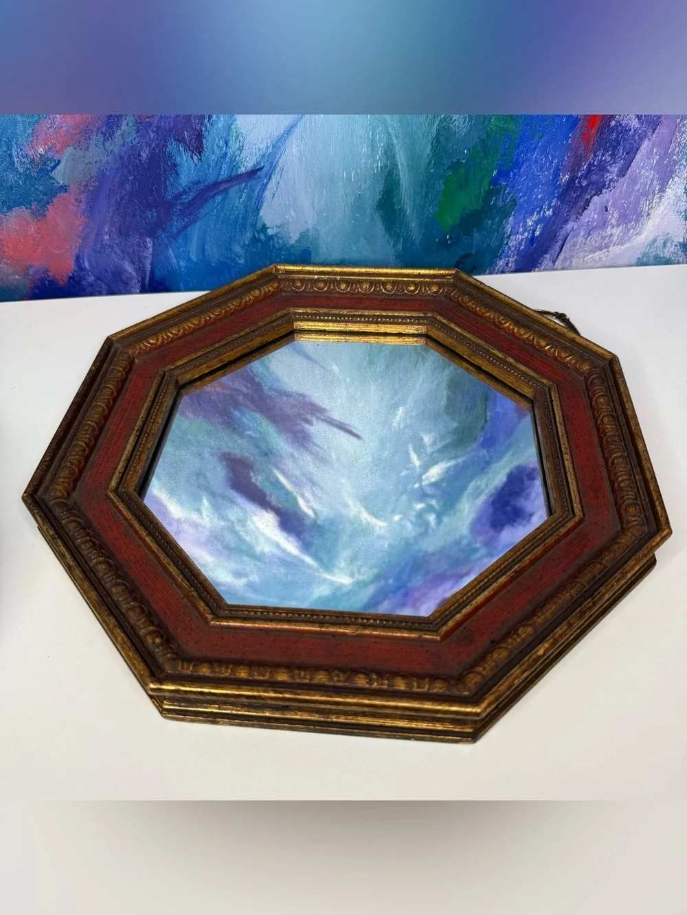 Vintage Octagon Mirror Sungott Art Studios Gold & Red Wood Frame Art Deco